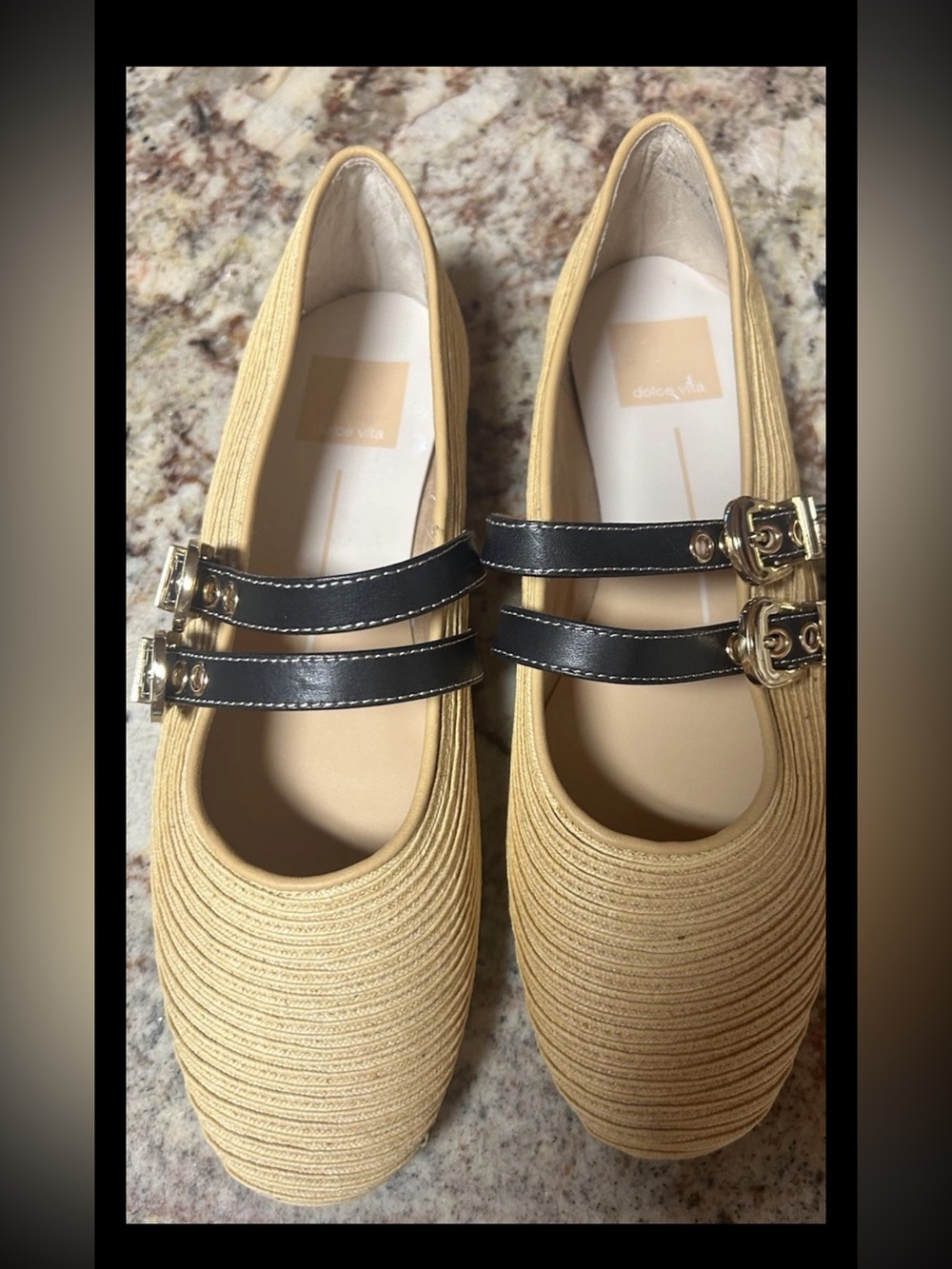 NEW Dolce Vita Tan Raffia-Textured Mary Jane Flats 6.5W Adjustable Black Straps